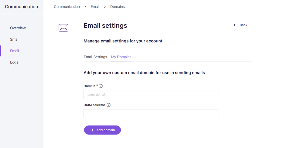 Communication service - email settings page - my domains click-to-zoom