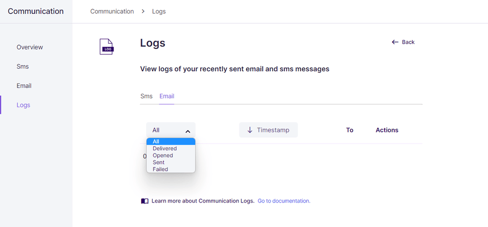 Communication service - logs page - email event status filtering click-to-zoom