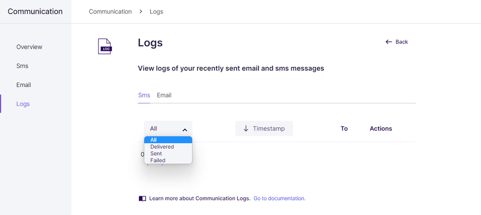 Communication service - logs page - SMS event status filtering click-to-zoom